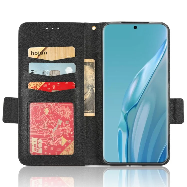 Funda de Piel con Textura de Litchi para Huawei P60 Antiarañazos Soporte Billetera de Teléfono - Negro