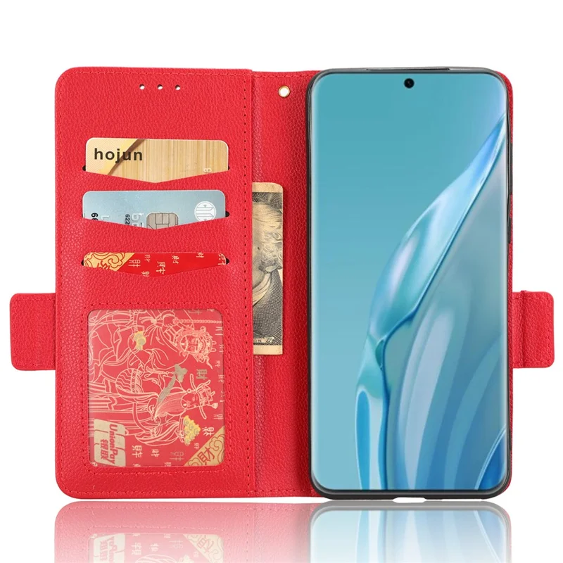 Litchi Texture Leather Case for Huawei P60 Art Scratch Proof Stand Phone Wallet Cover - Red