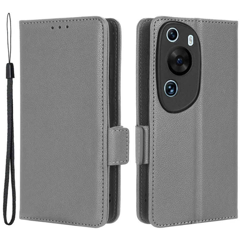 Litchi Texture Leather Case for Huawei P60 Art Scratch Proof Stand Phone Wallet Cover - Grey
