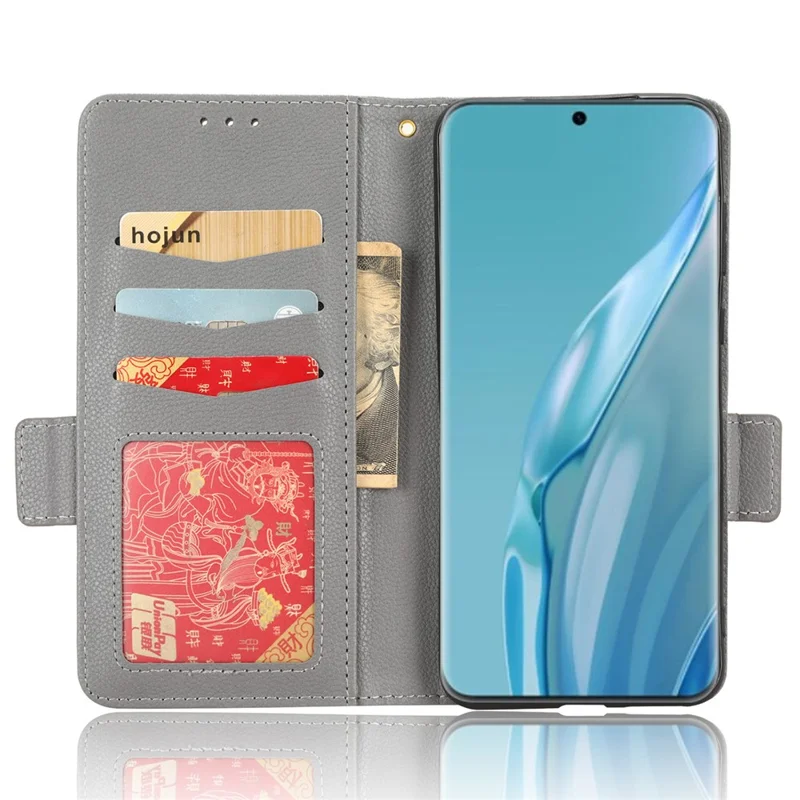 Litchi Texture Leather Case for Huawei P60 Art Scratch Proof Stand Phone Wallet Cover - Grey