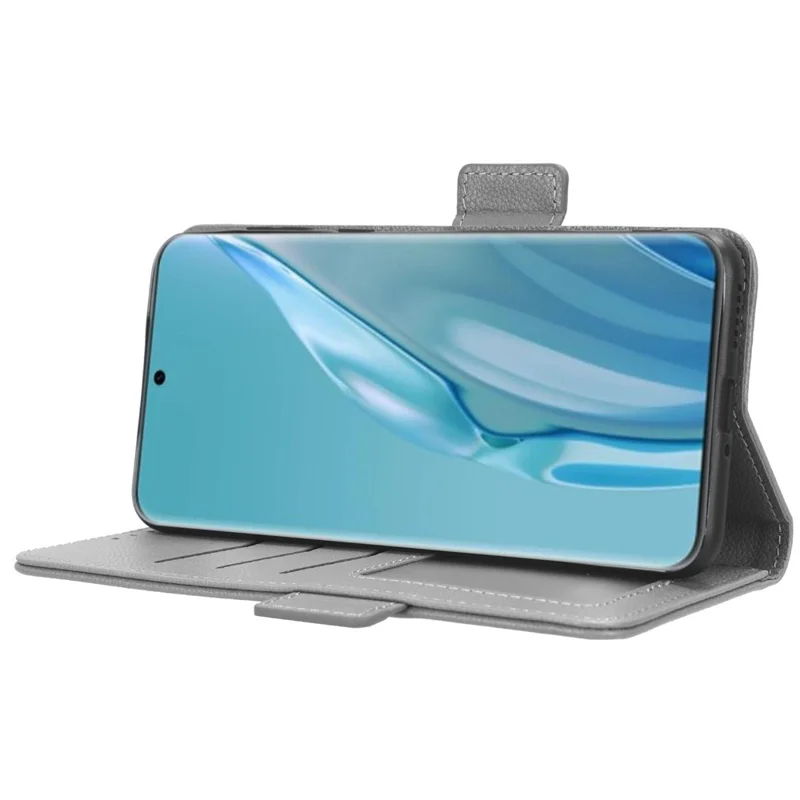 Litchi Texture Leather Case for Huawei P60 Art Scratch Proof Stand Phone Wallet Cover - Grey