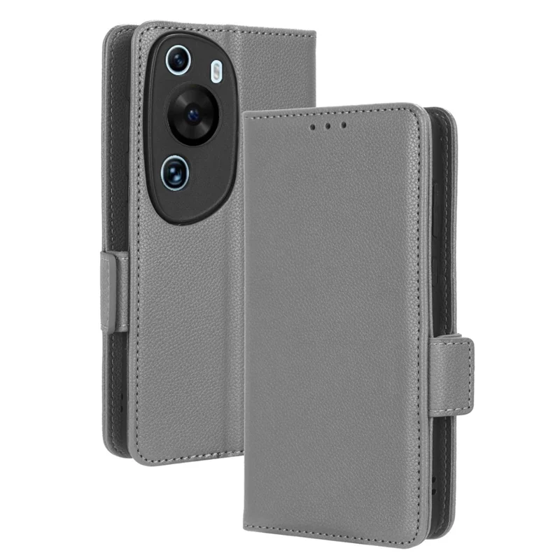 Litchi Texture Leather Case for Huawei P60 Art Scratch Proof Stand Phone Wallet Cover - Grey