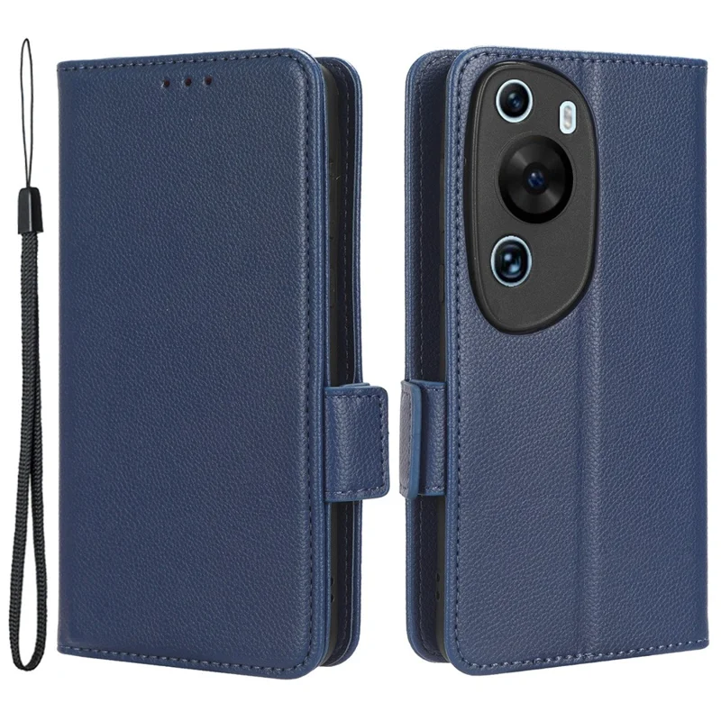 Étui en cuir texturé litchi pour Huawei P60 Art - Étui portefeuille antichoc pour téléphone avec support - Bleu foncé