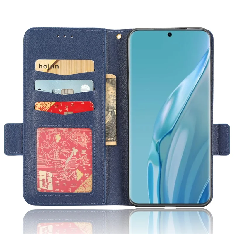 Étui en cuir texturé litchi pour Huawei P60 Art - Étui portefeuille antichoc pour téléphone avec support - Bleu foncé