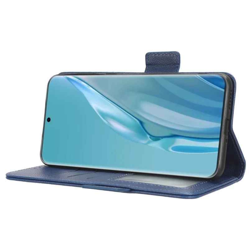Étui en cuir texturé litchi pour Huawei P60 Art - Étui portefeuille antichoc pour téléphone avec support - Bleu foncé