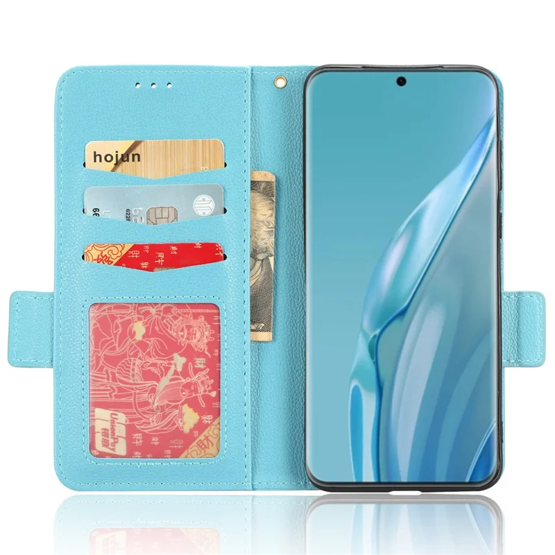 Étui en cuir texturé Litchi pour Huawei P60 Art Antidérapant Support Portefeuille Housses de téléphone - Bleu bébé