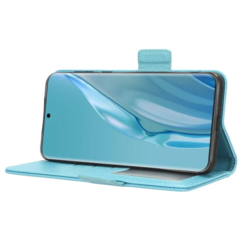 Étui en cuir texturé Litchi pour Huawei P60 Art Antidérapant Support Portefeuille Housses de téléphone - Bleu bébé