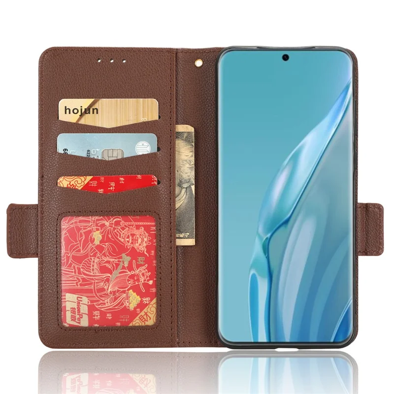Litchi Texture Leather Case for Huawei P60 Art Scratch Proof Stand Phone Wallet Cover - Brown