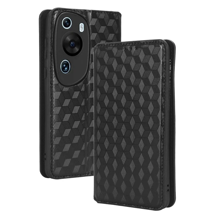 Funda para teléfono Huawei P60 Art Plegable Soporte Billetera Piel PU Cubierta con Estampado de Rombos - Negro