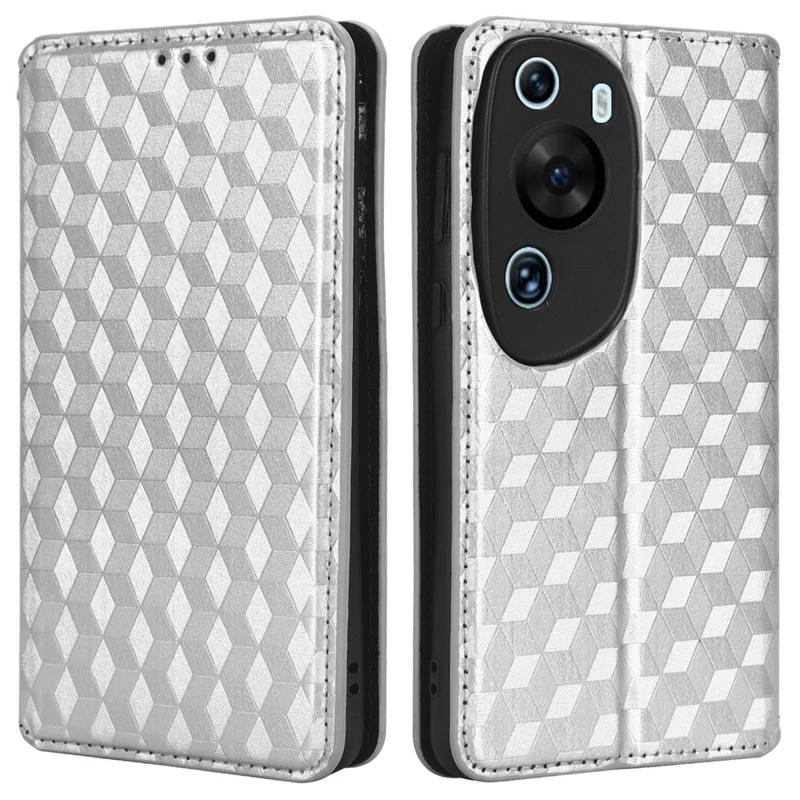 Custodia per telefono per Huawei P60 Art Foldable Stand Wallet PU Leather Rhombus Imprinted Cover - Argento
