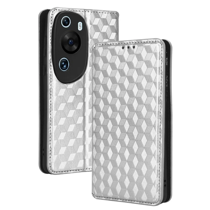 Custodia per telefono per Huawei P60 Art Foldable Stand Wallet PU Leather Rhombus Imprinted Cover - Argento
