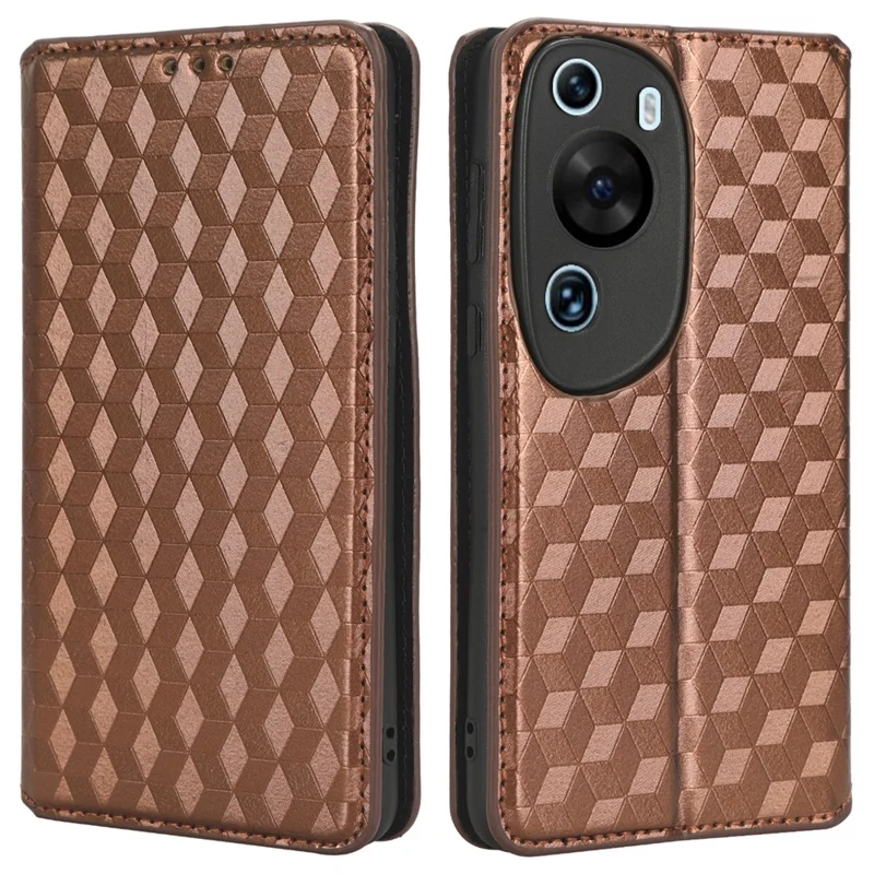 Phone Case for Huawei P60 Art Foldable Stand Wallet PU Leather Rhombus Imprinted Cover - Brown