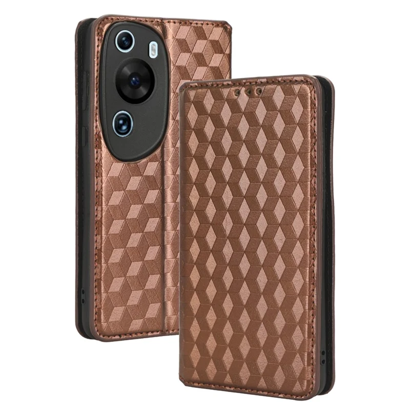 Phone Case for Huawei P60 Art Foldable Stand Wallet PU Leather Rhombus Imprinted Cover - Brown