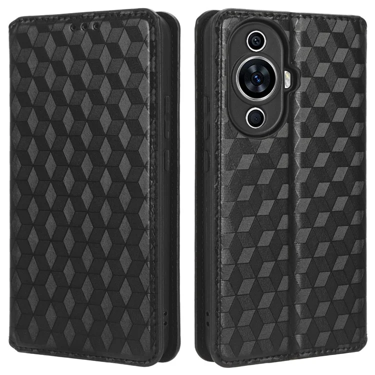 Para Huawei nova 11 Pro / nova 11 Ultra Carteira Capa de Telefone de Couro PU com Padrão Rômbico Gravado - Preto