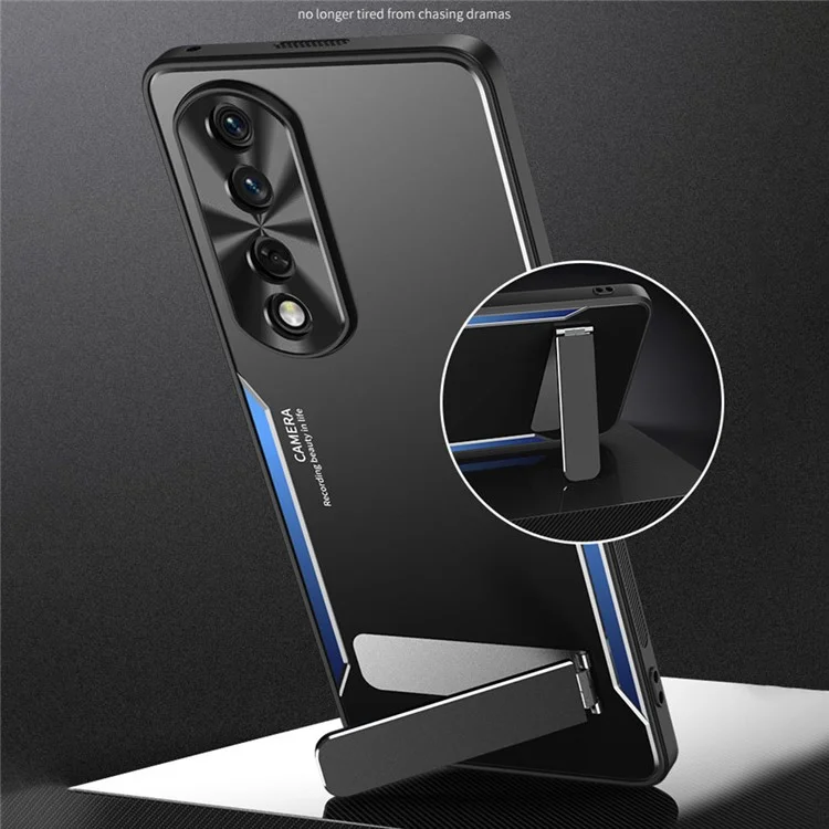 Funda Para Smartphone For Honor 90 Pro Carcasa de TPU + Aleación de Aluminio Antideslizante con Soporte Plegable - Azul