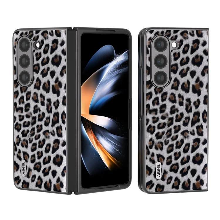 ABEEL Para Samsung Galaxy Z Fold5 5G Funda con Estampado de Leopardo Anticortes de Cuero PU + Cubierta de Teléfono PC - Plata