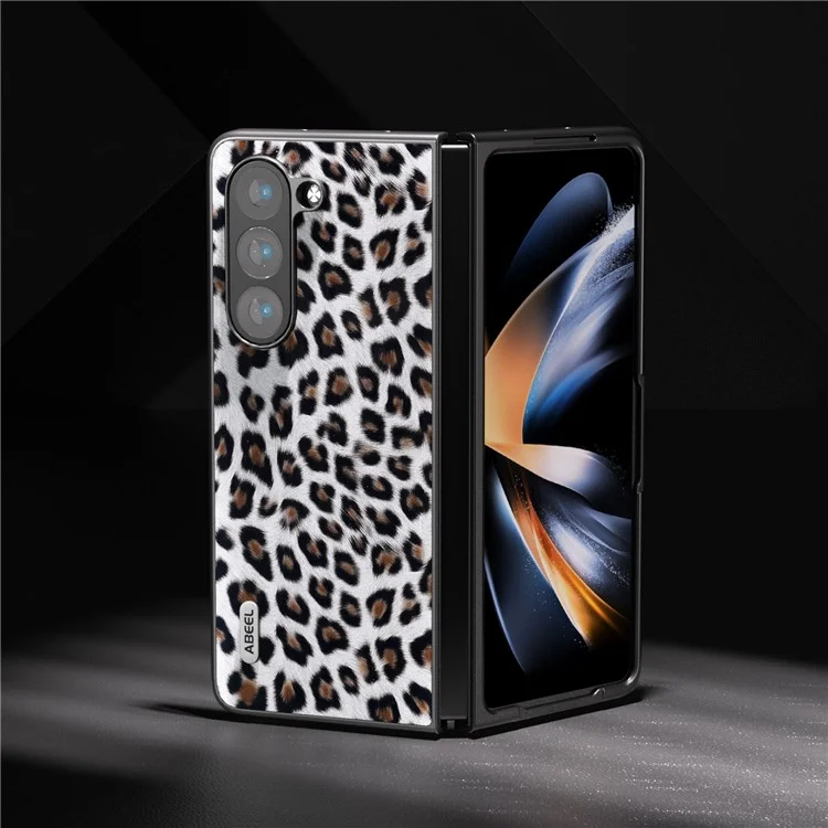 ABEEL Para Samsung Galaxy Z Fold5 5G Funda con Estampado de Leopardo Anticortes de Cuero PU + Cubierta de Teléfono PC - Plata