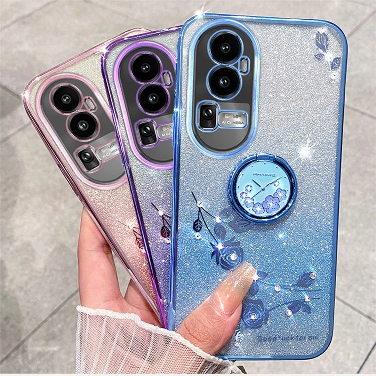 KADEM Glitter Gradient Phone Shell für Oppo Reno10 Pro+ 5G Rhinestone Blume TPU Hülle mit Ständer - Lila