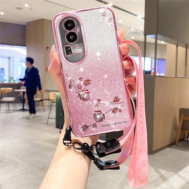 KADEM Für Oppo Reno10 Pro+ 5G Anti-Kratzer TPU-Hülle Glitter Blumenmuster Rhinestone Gradient Smartphone-Cover - Roségold