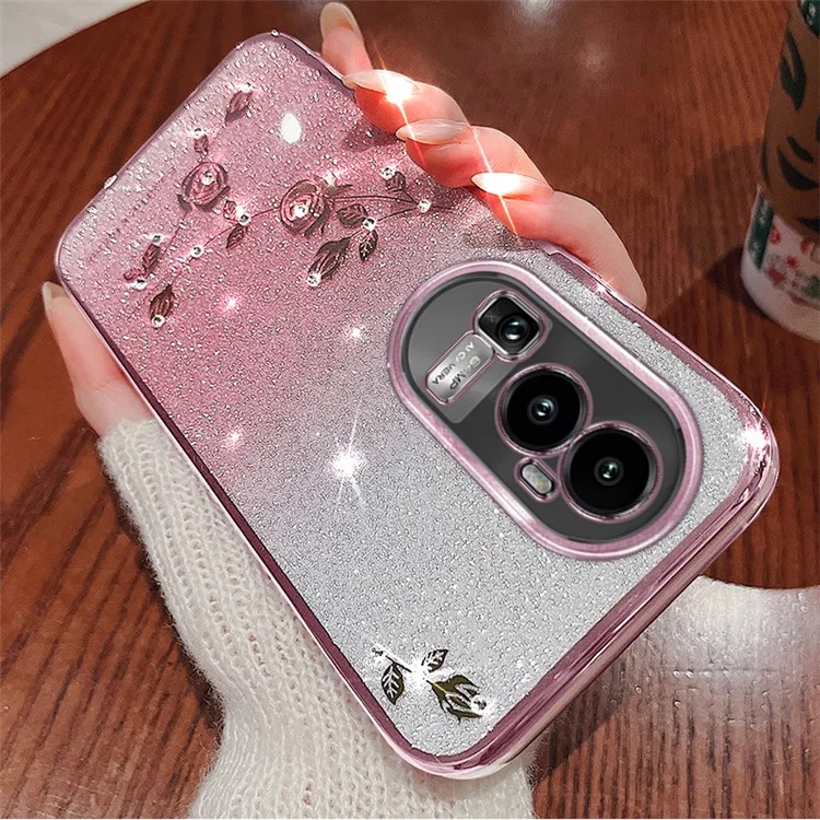 KADEM Für Oppo Reno10 Pro+ 5G Anti-Kratzer TPU-Hülle Glitter Blumenmuster Rhinestone Gradient Smartphone-Cover - Roségold