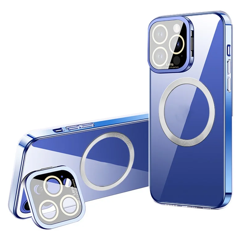 VOERO för iPhone 12 Pro Max skärmskydd med glaslinsfilm, magnetisk mobilskal med ställfot, galvaniserad TPU-hölja - Transparent