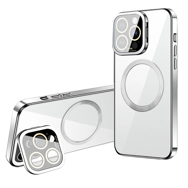 VOERO Magnetic Phone Case for iPhone 13 Pro , Glass Lens Film Cover Kickstand Electroplating TPU Protector - Silver