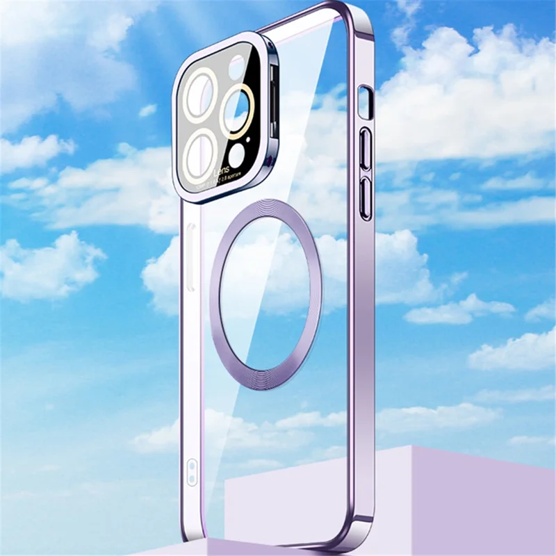 VOERO Magnetic Phone Case for iPhone 13 Pro , Glass Lens Film Cover Kickstand Electroplating TPU Protector - Silver
