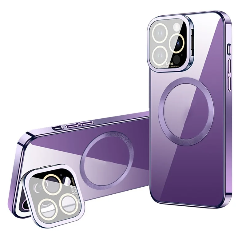 VOERO For iPhone 14 Pro Shockproof Phone Cover Kickstand Electroplating Magnetic TPU Case with Glass Lens Film - Dark Purple