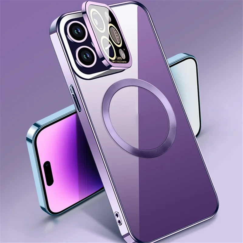 VOERO For iPhone 14 Pro Shockproof Phone Cover Kickstand Electroplating Magnetic TPU Case with Glass Lens Film - Dark Purple
