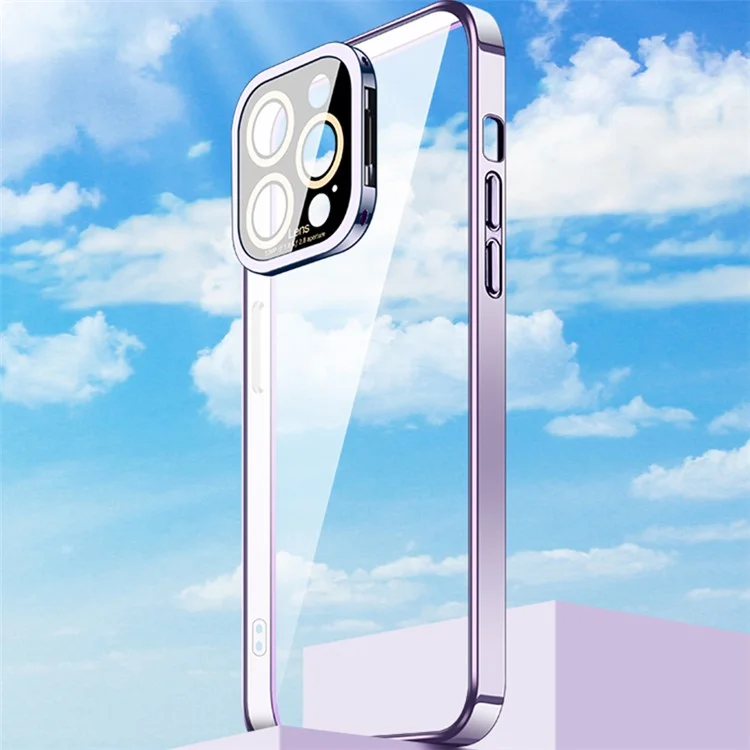 VOERO For iPhone 14 Pro Max Glass Camera Protection Film Kickstand Design Phone Case Electroplating TPU Phone Cover - Dark Purple