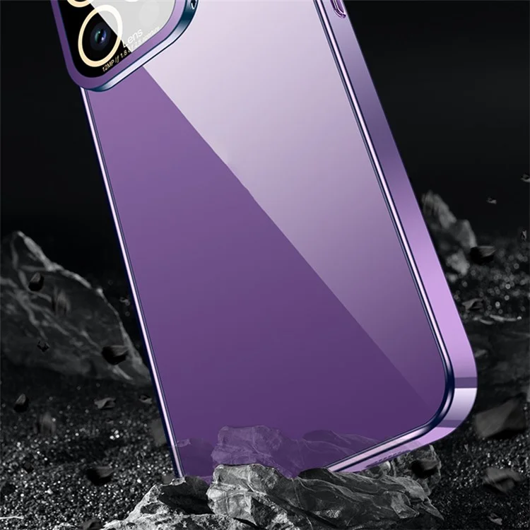 VOERO For iPhone 14 Pro Max Glass Camera Protection Film Kickstand Design Phone Case Electroplating TPU Phone Cover - Dark Purple