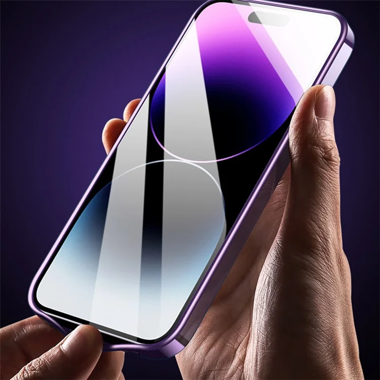 VOERO For iPhone 14 Pro Max Glass Camera Protection Film Kickstand Design Phone Case Electroplating TPU Phone Cover - Dark Purple