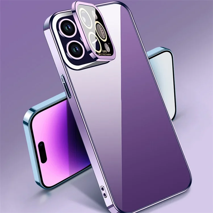 VOERO For iPhone 14 Pro Max Glass Camera Protection Film Kickstand Design Phone Case Electroplating TPU Phone Cover - Dark Purple