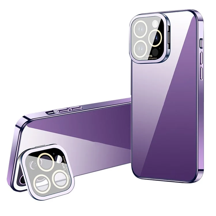 VOERO For iPhone 13 Pro 6.1 inch Anti-Wear Glass Camera Film Protection Cover Kickstand Phone Case Electroplating TPU Shell - Dark Purple