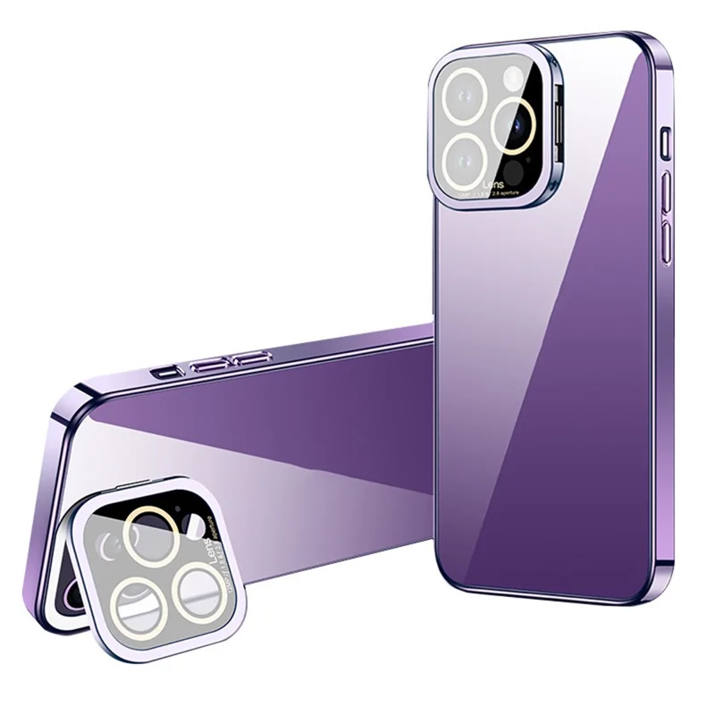 VOERO For iPhone 14 Pro Electroplating Phone Case Glass Camera Film Kickstand Soft TPU Cover - Dark Purple
