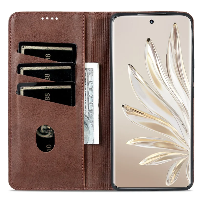 AZNS Phone Case for Honor 90 PU Leather Wallet Stand Anti-scratch Smartphone Cover - Coffee