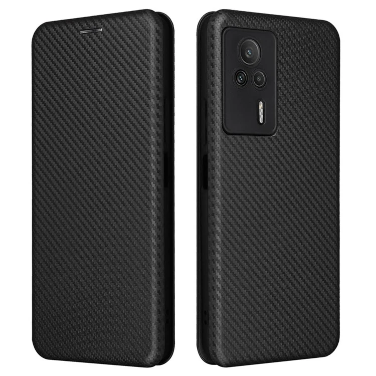 Carbon Fiber Texture Shell for Xiaomi Redmi K60E 5G Phone Case Stand Card Slot PU Leather Cover - Black