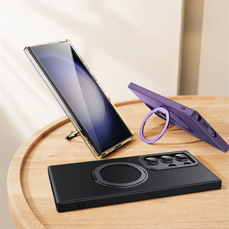For Samsung Galaxy S23 Ultra TPU+Acrylic Matte Phone Case Rotatable Kickstand Cover Compatible with MagSafe - Black