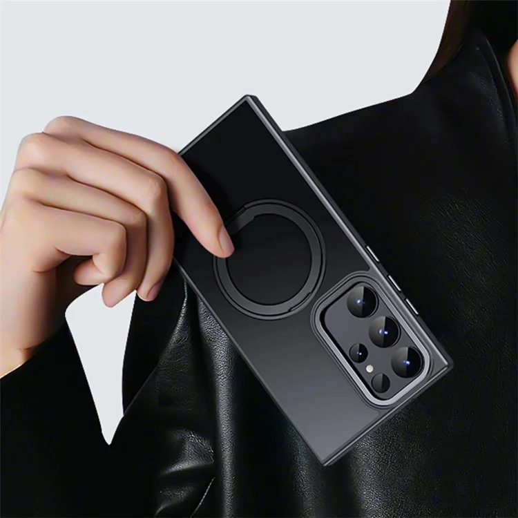 For Samsung Galaxy S23 Ultra TPU+Acrylic Matte Phone Case Rotatable Kickstand Cover Compatible with MagSafe - Black
