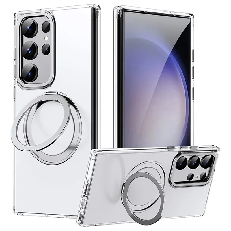 For Samsung Galaxy S23 Ultra TPU+Acrylic Matte Phone Case Rotatable Kickstand Cover Magnetic Case - Silver