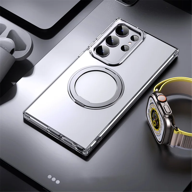 For Samsung Galaxy S23 Ultra TPU+Acrylic Matte Phone Case Rotatable Kickstand Cover Magnetic Case - Silver