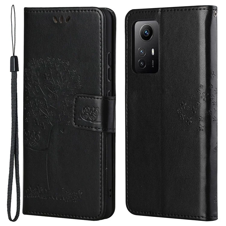 For Xiaomi Redmi Note 12S 4G Owl Tree Imprinted Wallet Phone Case PU Leather Stand Cover - Black