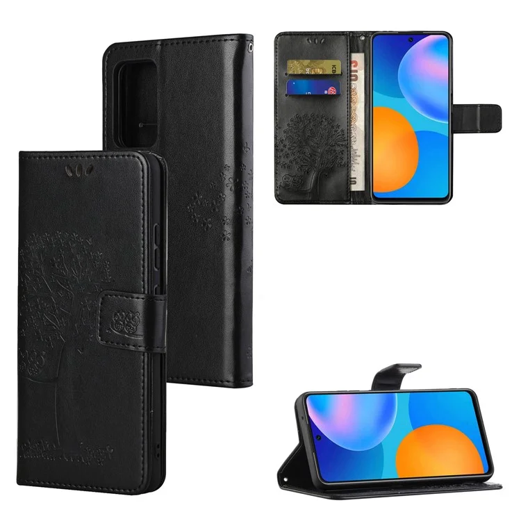 For Xiaomi Redmi Note 12S 4G Owl Tree Imprinted Wallet Phone Case PU Leather Stand Cover - Black