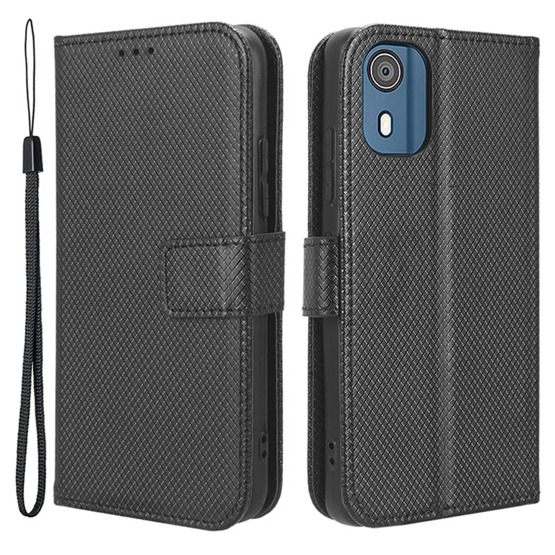 For Nokia C02 Diamond Texture PU Leather Shell Flip Stand Wallet Phone Case - Black