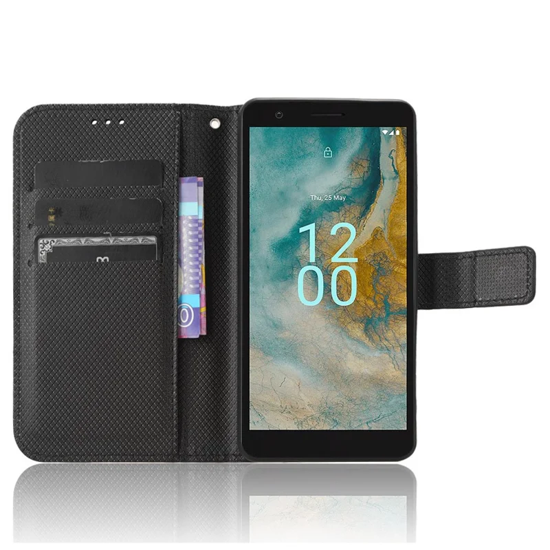 For Nokia C02 Diamond Texture PU Leather Shell Flip Stand Wallet Phone Case - Black
