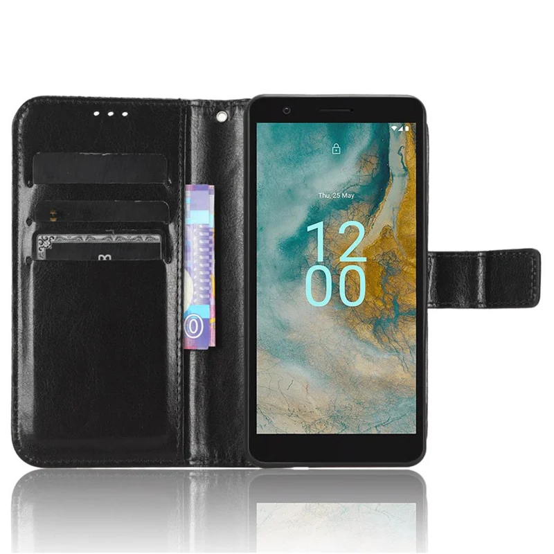 Wallet Case für Nokia C02 Crazy Horse Textur PU Leder Handyhülle mit Ständer - Schwarz