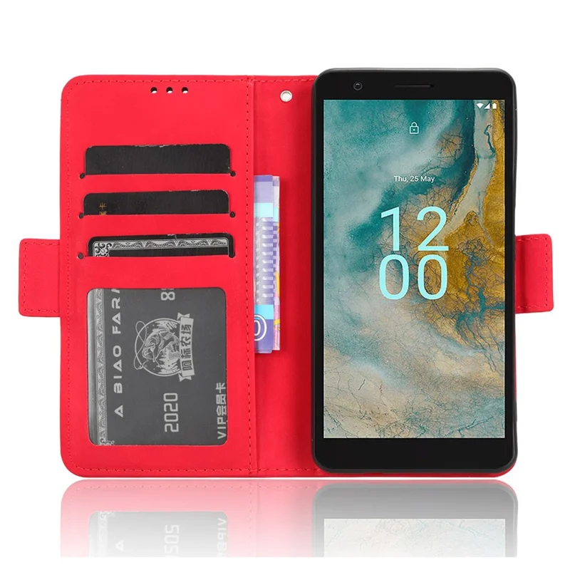 For Nokia C02 Multiple Card Slots PU Leather Phone Case Full Protection Stand Wallet Cover - Red