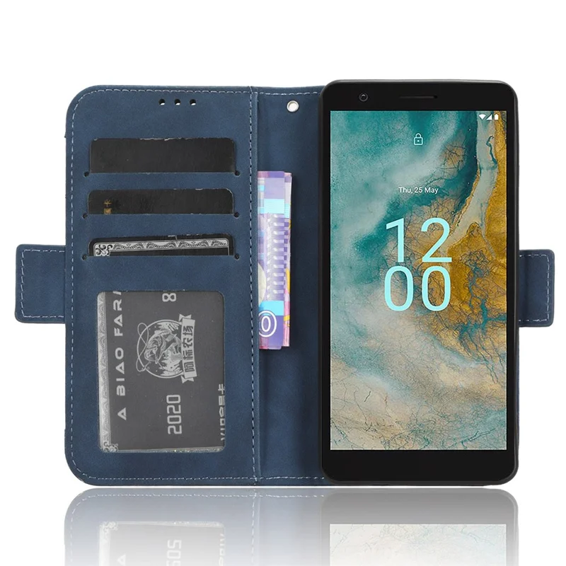 Per Nokia C02 Slot multipli per schede Custodia in pelle PU Protezione completa Stand Custodia portafogli - Blu