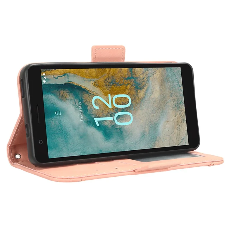 Para Nokia C02 Múltiplos Slots de Cartão Capa de Telefone de Couro PU Proteção Total Stand Carteira - Rosa
