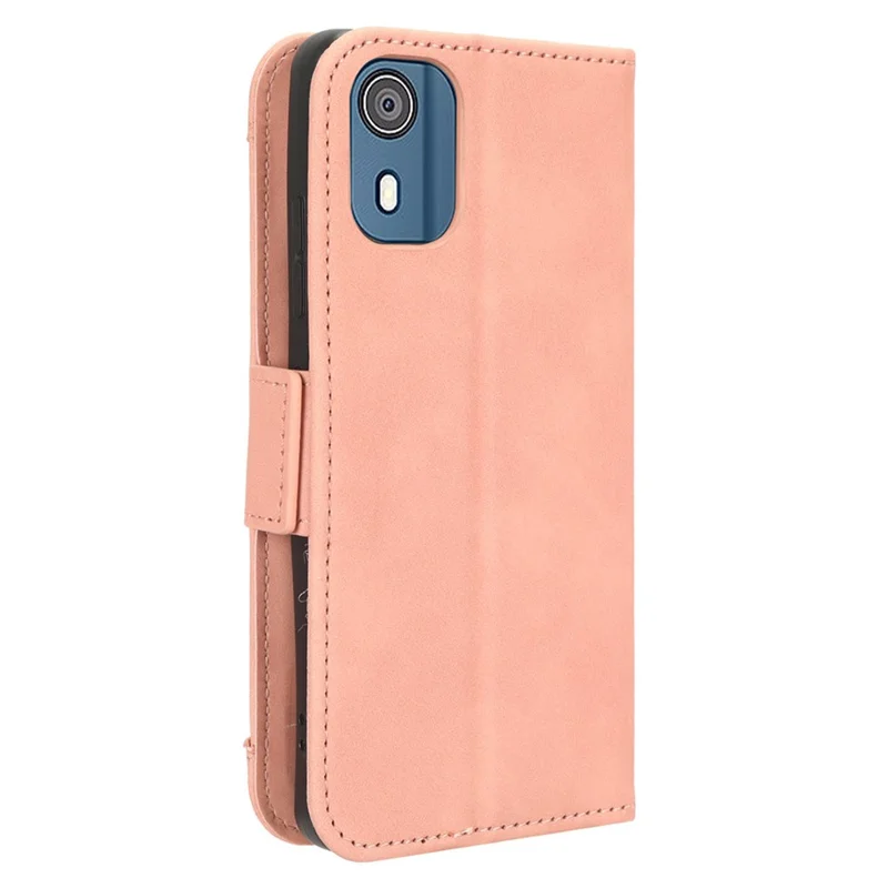 Para Nokia C02 Múltiplos Slots de Cartão Capa de Telefone de Couro PU Proteção Total Stand Carteira - Rosa